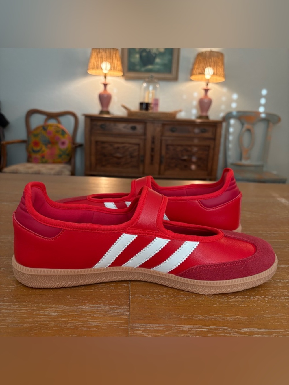 NWOB Adidas Samba Mary Janes Sneakers Red White Stripes Velcro Strap Closure - Picture 2 of 7